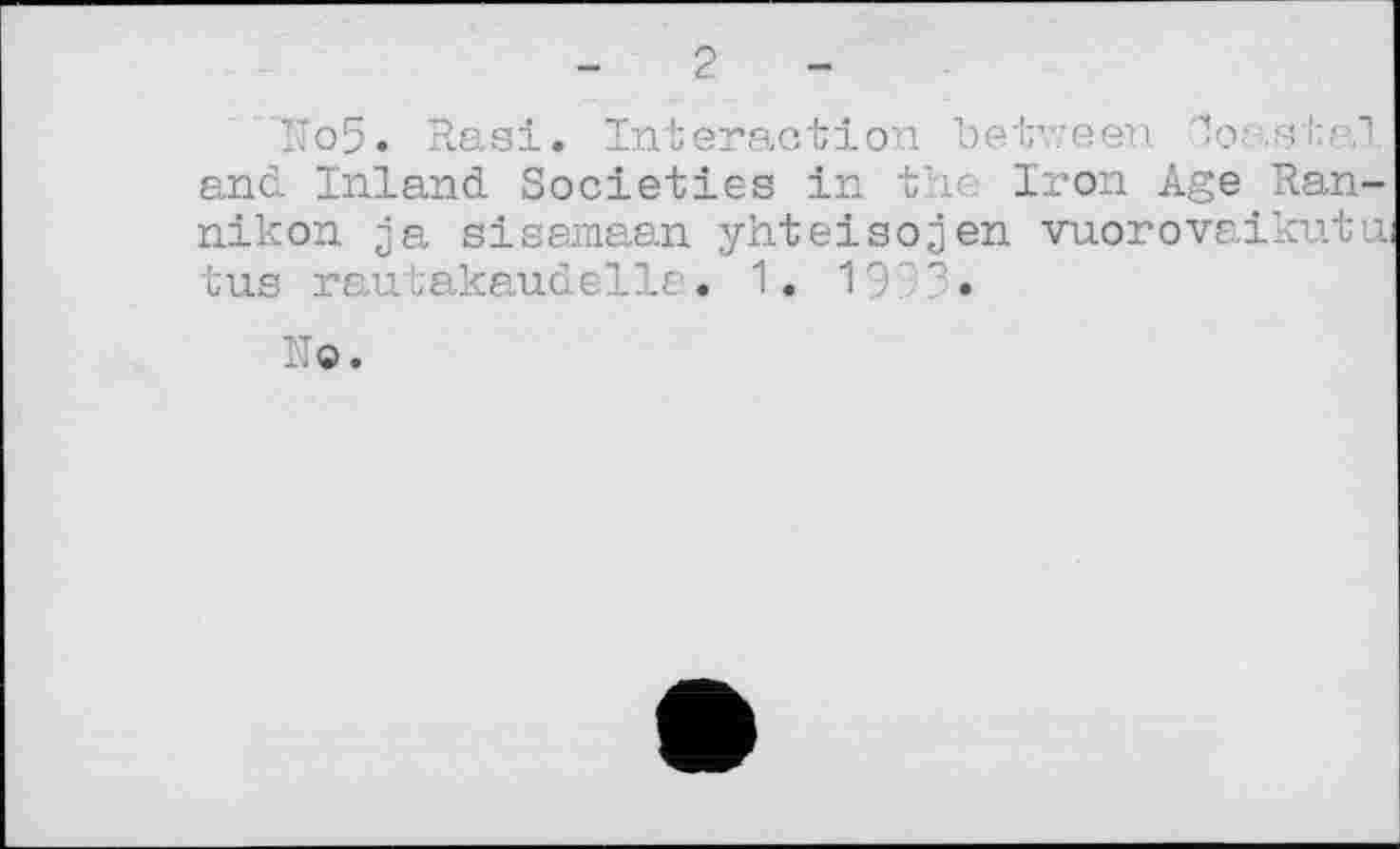 ﻿По5. Rasi. Interaction between 'lot--s ta,' and Inland Societies in the Iron Age Ran nikon ja sisamaan yhteisojen vuorovaikut tus rautakaudella. 1. 19 ?3•
No.